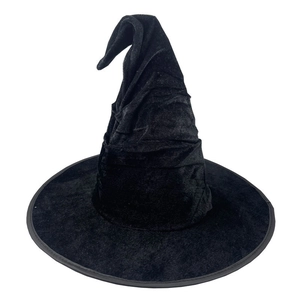 Classic black velvet witch hat with a tall pointed top and wrinkled design for Halloween