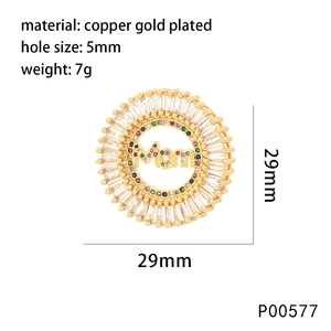 Detailed view of gold Mom pendant with zircons, 29mm diameter and material specs