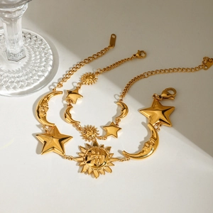 18K gold-plated stainless steel layered bracelets with sun moon and star celestial charms