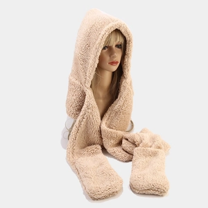 Winter thermal hooded scarf and gloves 3-in-1 set for women in apricot faux fur