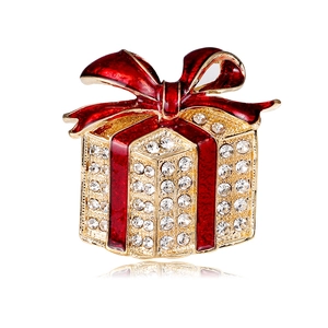 Sparkling Christmas gift box brooch with red enamel bow and crystals on gold plating