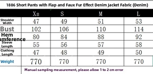 Detailed size guide table for denim jacket with faux fur collar and flap pockets