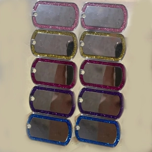 Zinc alloy glitter bone pet tags set in pink gold blue and purple for dogs