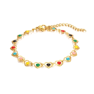 Bohemian gold stainless steel bracelet featuring colorful enamel heart charms and clasp