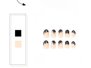 Detail of matte black and nude fake nails featuring golden star and moon patterns