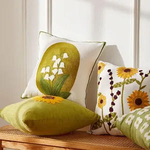 Luxury American pastoral embroidered floral throw pillow with lilies and sunflowers design