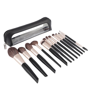 Professional 12pcs makeup brush set with champagne gold ferrules and black travel pouch