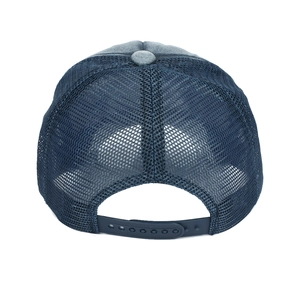 Classic navy blue trucker hat with breathable mesh back and adjustable snap closure