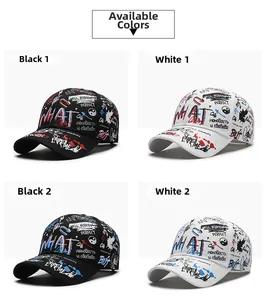 Detail showing various graffiti prints on cotton hip hop baseball caps in black and white
