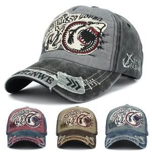 Vintage Distressed Cotton Baseball Cap With Shark Embroidery 3D Letter Patch Retro Adjustable Sun Hat