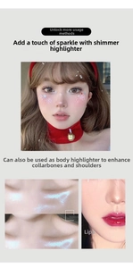 Detailed views of iridescent glitter gel applied on face, collarbone, shoulders and lips