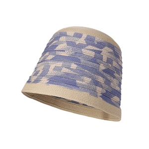 Chapeau cloche en paille de style japonais avec motif géométrique bleu-violet
