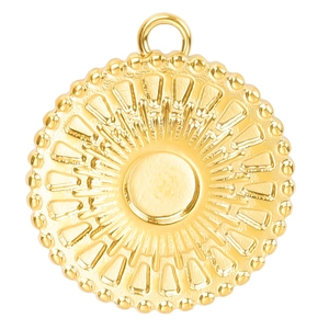 Polished 18k gold plated sunburst pendant with beaded edge on a white background