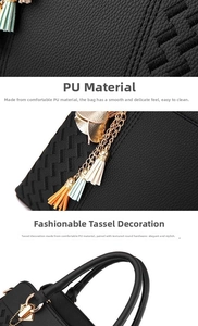 Detail of black PU leather handbag featuring woven texture and colorful tassel charm