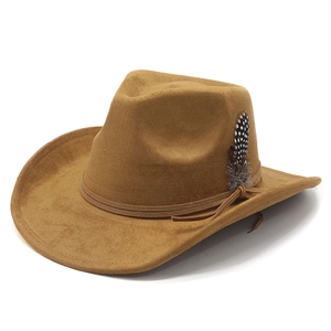 Detail of a brown suede cowboy hat featuring a spotted feather and curled brim