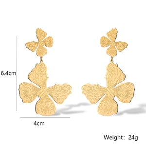 Detailed view of gold butterfly drop earrings with size 6.4x4cm and weight 24g specs