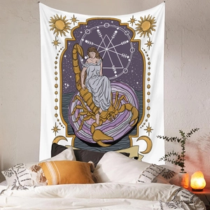 Detailed view of Scorpio zodiac tapestry with celestial sun and moon motifs on white fabric