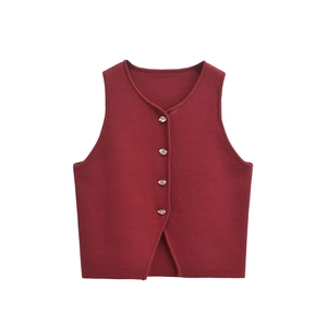 Women V-neck sleeveless knit vest cardigan with silver buttons in burgundy color