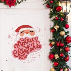 Cute Santa Claus Merry Christmas wall decal on white door with festive holiday wreath