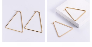 Detail of gold triangle earrings showing electroplated gold and vacuum gold plating