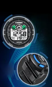 Detail showing the digital watch dial with calendar, alarm and luminous display features