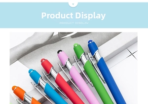 Detail of colorful rubberized capacitive stylus pens with metallic clips on a white background