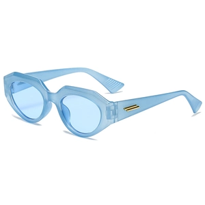 Chunky blue cat-eye sunglasses with irregular frames and gold metal temple details