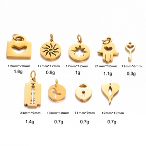 Polished gold stainless steel charms with dimensions and weights on white background