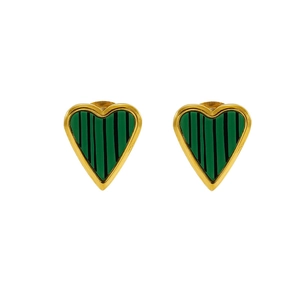 Detail of heart stud earrings with gold frame and green malachite pattern texture