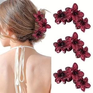 Wine Red Flower Hair Claw Clip Glossy Plastic Elegant Sweet Floral Jaw Clip For Women Party Vacation Daily Styling