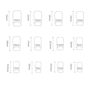 Detailed size chart showing 12 different dimensions for press-on nails in millimeters