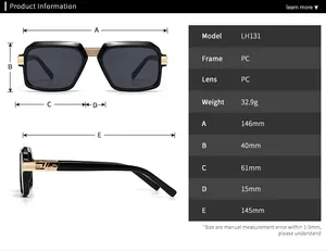 Size chart for vintage large frame sunglasses showing detailed dimensions and PC material
