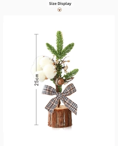 Mini albero di Natale 25cm con batuffolo di cotone pigna e fiocco a quadretti