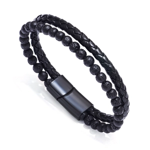 Men's double-layer bracelet with black braided leather and natural volcanic lava stones