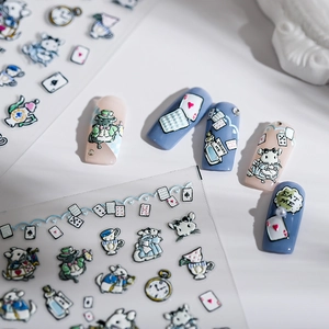 3D Relief Nail Art Stickers Wonderland Theme Cartoon Rabbit Mouse Poker Playing Cards Embossed Manicure Decor For Women Girls