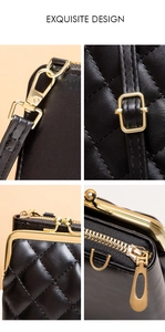 Close-up of black quilted leather embroidery with premium gold hardware on cross-body bag