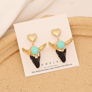 Vintage bull head drop earrings with golden heart stud and turquoise stone inlay