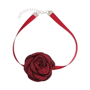 Elegant deep red fabric rose choker necklace with black piping and adjustable ribbon strap