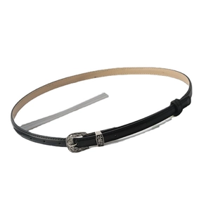 Vintage metal buckle thin black leather belt for women coats and dresses on white background
