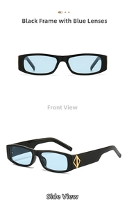 Detail of vintage rectangle sunglasses with black frames, blue lenses and gold metal accents