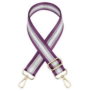 Adjustable purple and silver striped bag strap with gold lobster clasps on white background