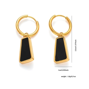 Detailed size specifications for gold earrings with black trapezoid pendants