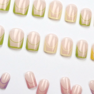 Colorful French-style short square press-on nails with vibrant pastel tips on white