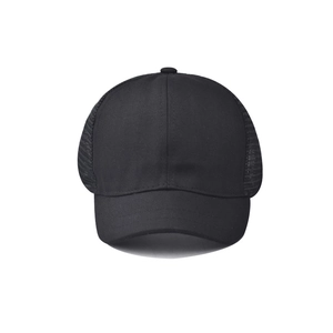 Classic black mesh trucker hat with breathable curved brim and minimalist casual style