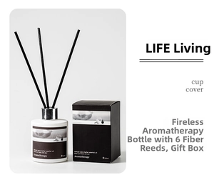 Detail view of 120ml aromatherapy set with matte white bottle and black reed sticks