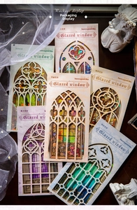 Macro detail of gothic glazed window PET stickers with vibrant laser colorful effects