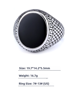 Detail of silver signet ring with black oval stone and Greek Key pattern on the side