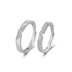 Elegant silver zircon couple rings with geometric facets and adjustable open bands
