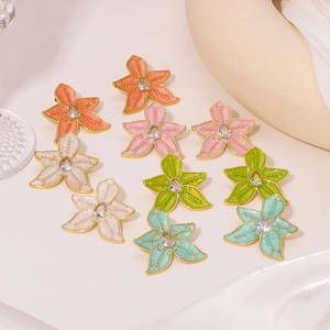 Colorful enamel flower stud earrings with zircon center on a gold metal base