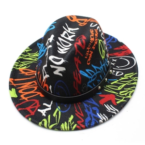 Black fedora wool hat with colorful street graffiti print and studded leather band